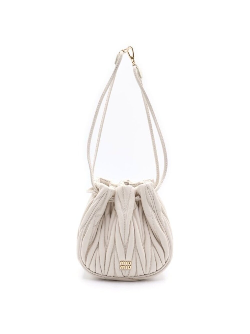 Miu Miu Matelasse Drawstring Pouch Mini Handbag White Leather Gold